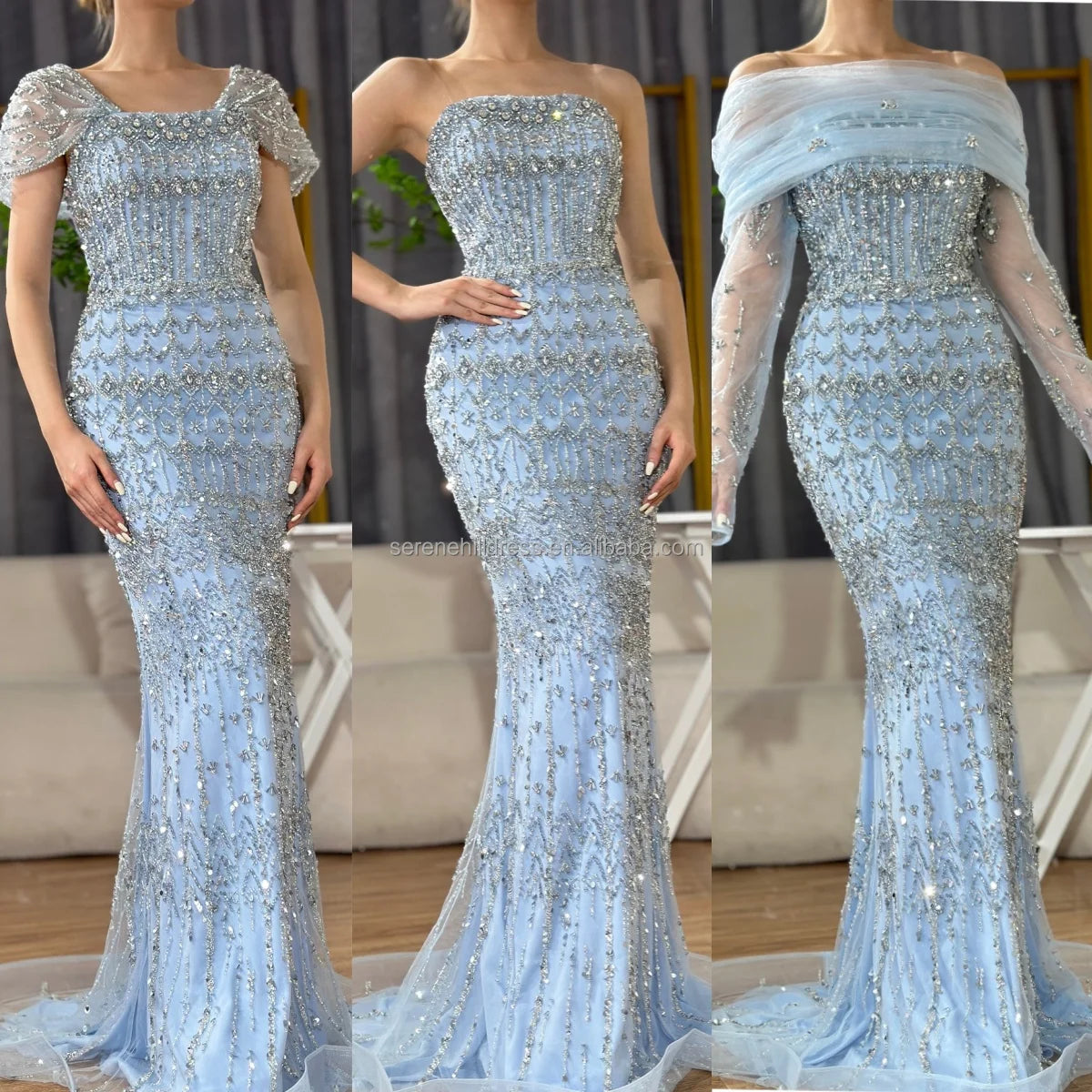 Zapdress Blue Mermaid Beaded Evening Dresses with Detachable Sleeves Elegant Party Gowns for Women DLA72714 Customized (ZD17361)