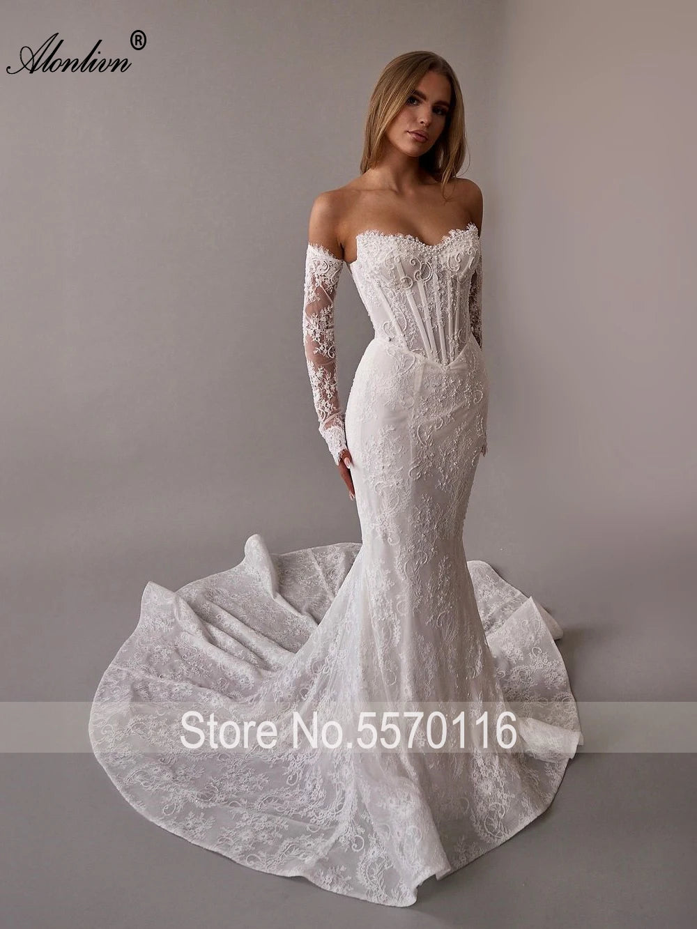 Alonlivn Customize Made Beauty Lace Fitted Beaded 2 In 1 Mermaid Wedding Gowns Trumpet Removable Train Bridal Gowns