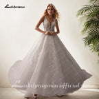 ZapDress V Neck Sleeveless Wedding Dresses For Women Beads A Line Ivory Lace Romantic Bride Boho Bridal Gown Customized