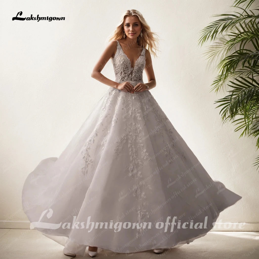 ZapDress V Neck Sleeveless Wedding Dresses For Women Beads A Line Ivory Lace Romantic Bride Boho Bridal Gown Customized