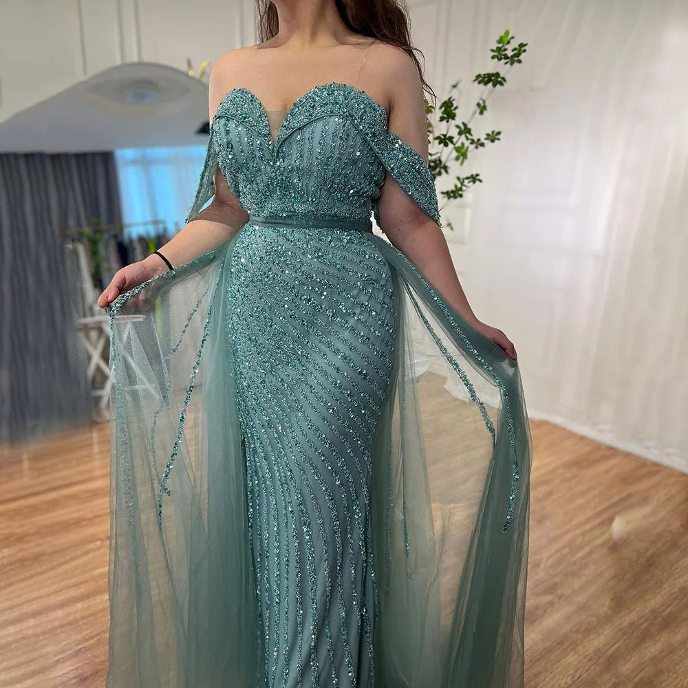 Zapdress Customized Turquoise Off Shoulder Mermaid Beaded Evening Dresses Overskirt Split Party Gowns for Women rts (ZD17345)