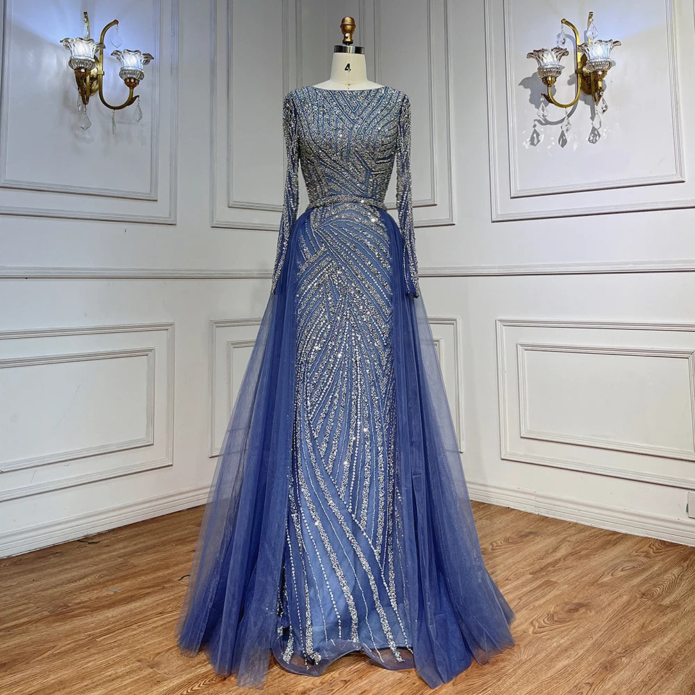 Serene Hill Customized Blue Grey V-Neck Mermaid Beaded Overskirt Evening Dresses Elegant Party Gowns For Women DLA71750