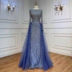 Serene Hill Customized Blue Grey V-Neck Mermaid Beaded Overskirt Evening Dresses Elegant Party Gowns For Women DLA71750