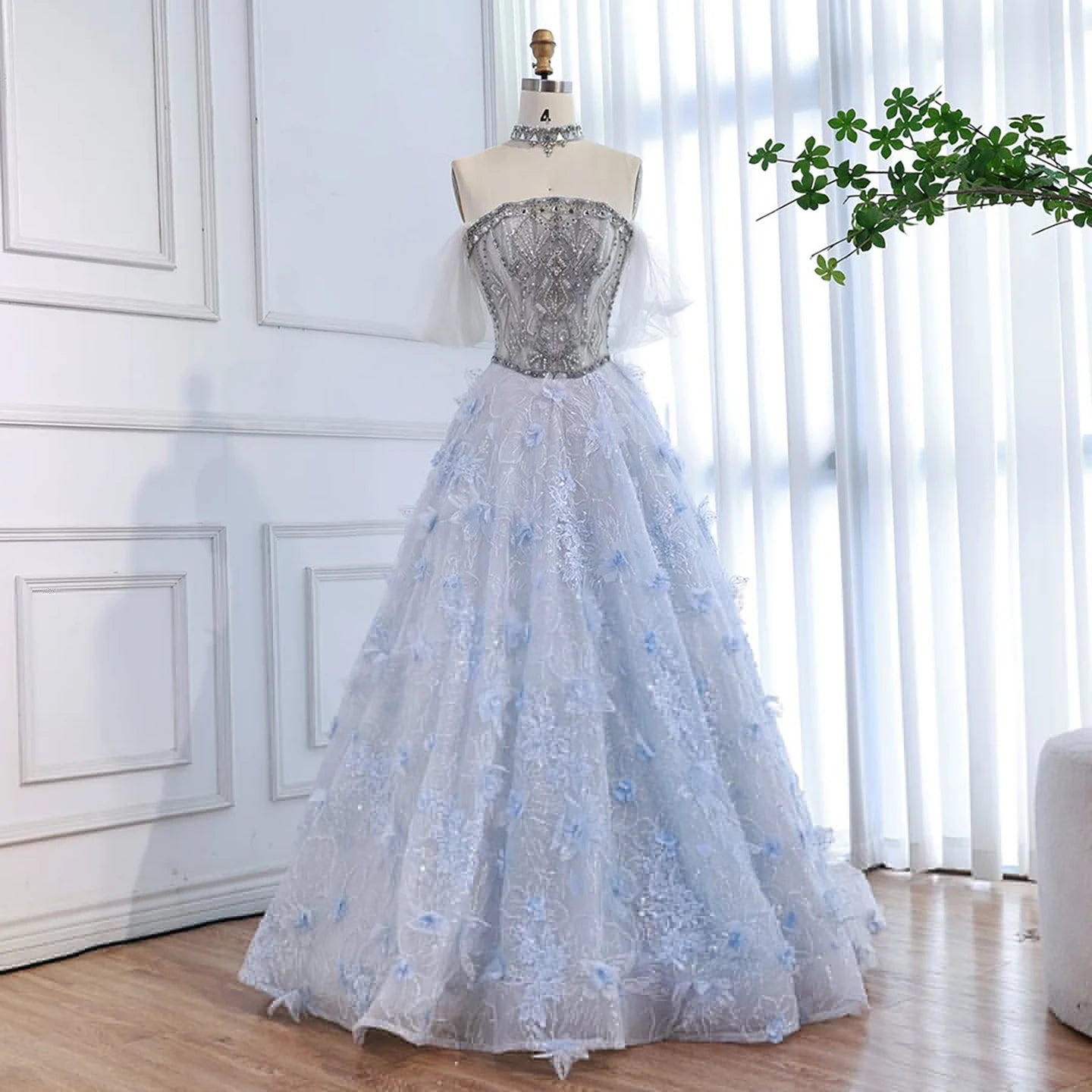 Zapdress Blue A-Line Evening Dress Beaded 3D Floral Appliques Off Shoulder for Women Wedding Party 2026 Customized (ZD17387)