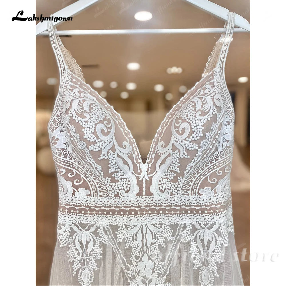 ZapDress Lace Boho Wedding Dress Sexy Beach V Neck Open Back Chic Appliques Spaghetti Straps Bridal Gowns Customized