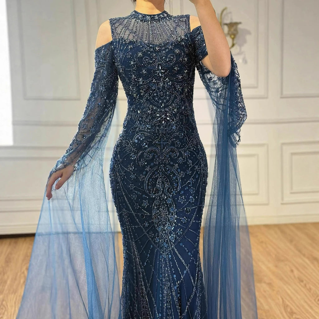 Zapdress Navy Blue O-neck Cold Shoulder Mermaid Beaded Evening Dress Party Gowns with Cape Sleeves Customized (ZD17373)