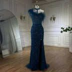 Zapdress Customized 2025 Gray Halter Feathers Beaded Mermaid High Split Evening Dresses Formal Party Gowns for Women (ZD17379)