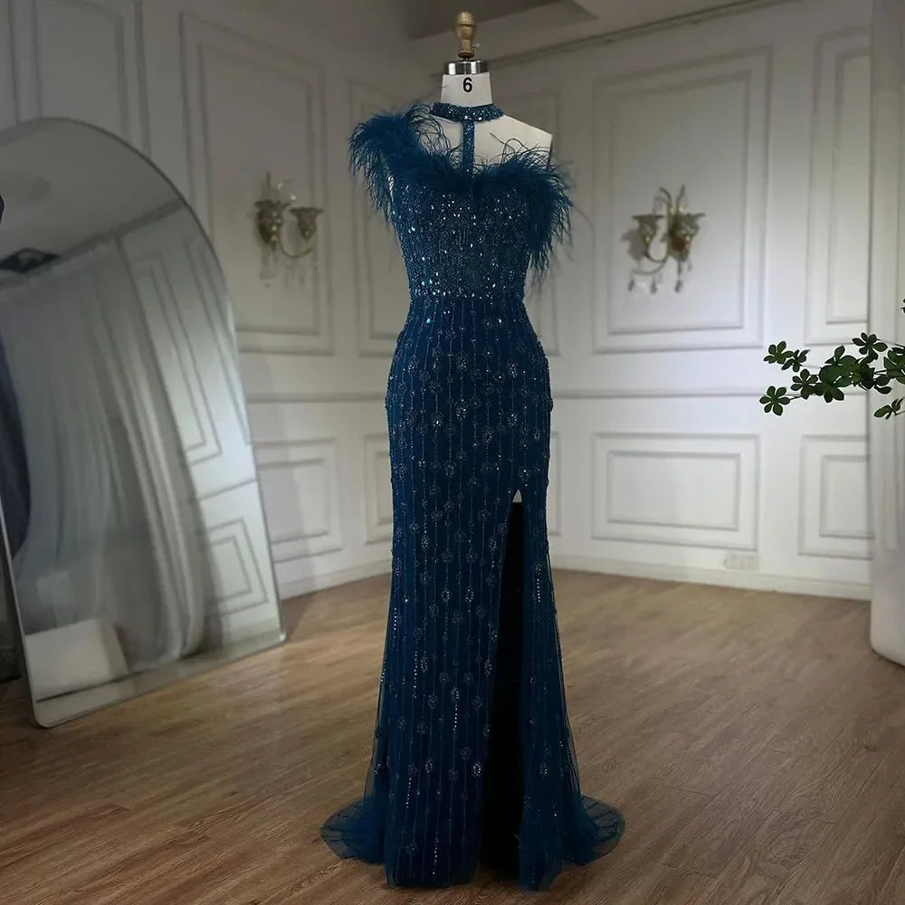 Zapdress Customized 2025 Gray Halter Feathers Beaded Mermaid High Split Evening Dresses Formal Party Gowns for Women (ZD17379)