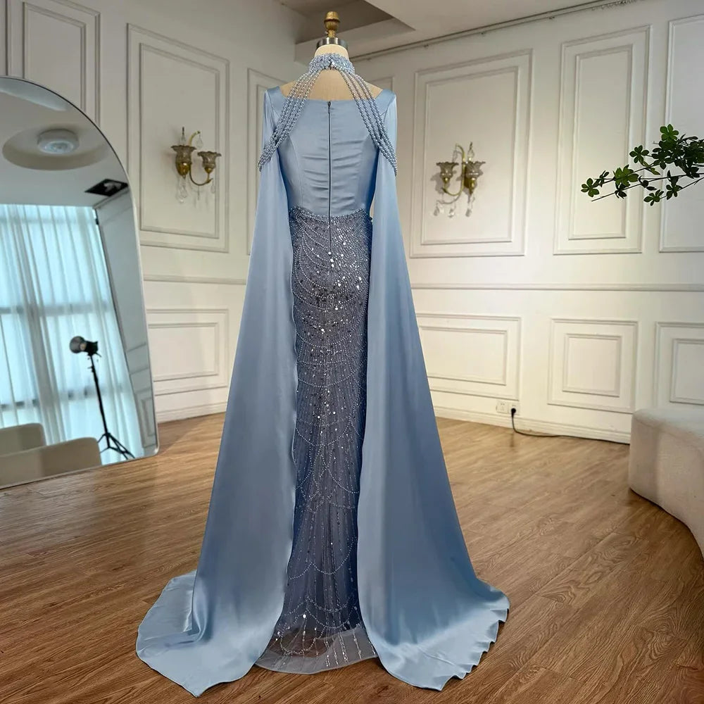 Zapdress DLA73051 Pearls Beaded Blue Mermaid Evening Dress with Cape 2025 Elagent Party Gowns for Women Customized (ZD17378)