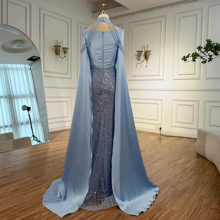 Serene Hill DLA73051 Pearls Beaded Blue Mermaid Evening Dress with Cape 2025 Elagent Party Gowns for Women Customized