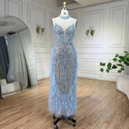 Serene Hill Customized White Nude Mermaid Beaded Feather Evening Gowns 2026 Wedding Party Prom Dresses For Women DLA72047