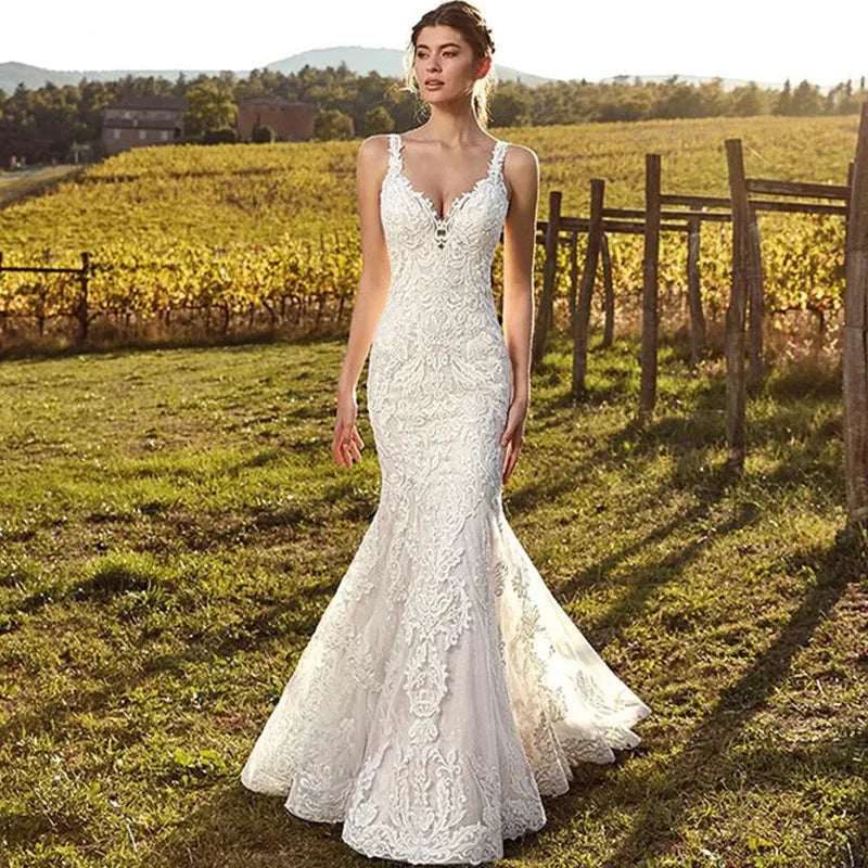 Customized Sexy V-Neck Mermaid Wedding Dress 2026 Lace Boho Sleeveless Bride Gown Buttons Pleats Illusion Back Vestido De Novia by ZAPDRESS