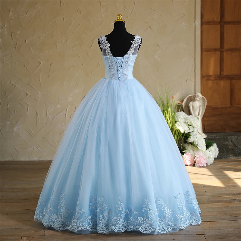 Spring New Sky Blue Quinceanera Dresses Sleeveless V-neck For Party Sweet Ball Gown Lace Appliques Prom Dress Customize Vestido