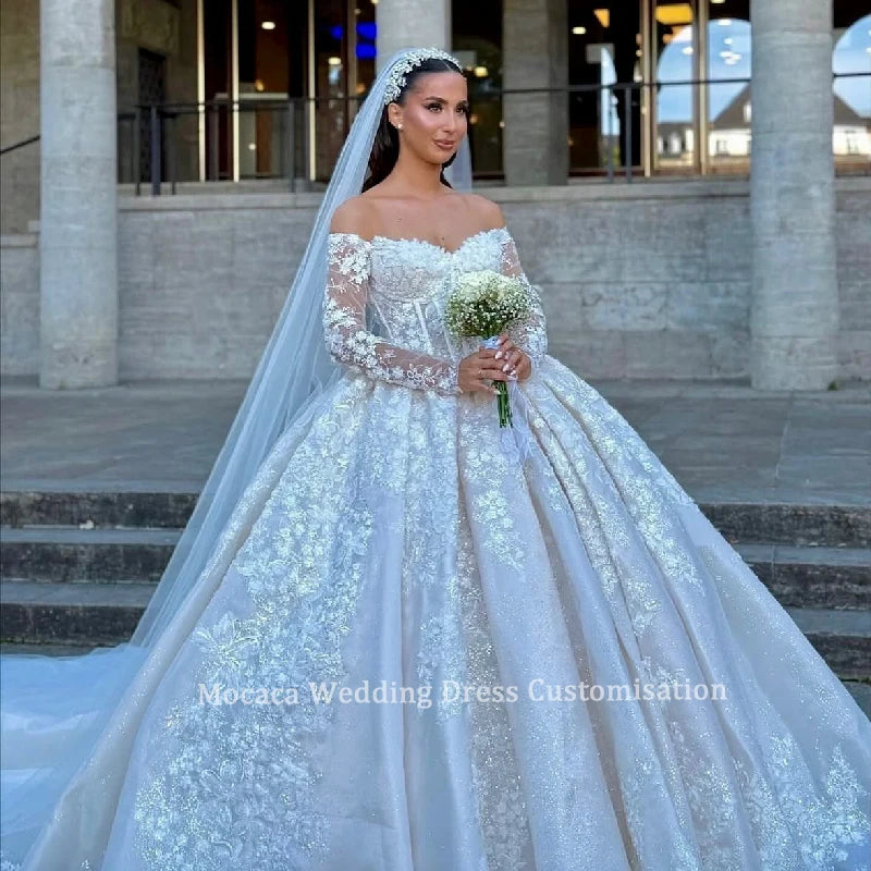 Mocaca Customized Sweetheart Graceful High Collar Shinny Applique Beads Long Sleeves Wedding Dress Princess Vestidos De Novia