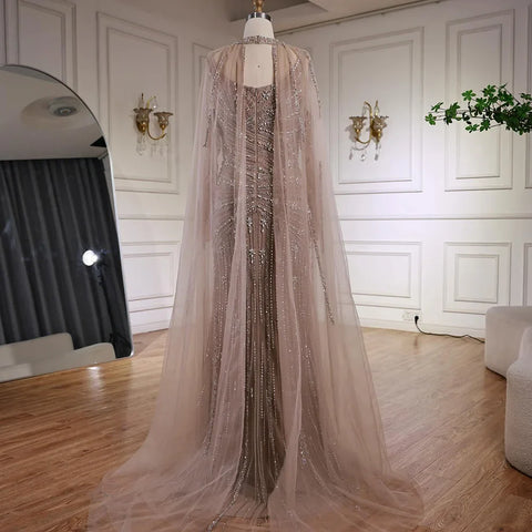 Luxury Caramel Mermaid Evening Dress with Cape Sleeves LA73052