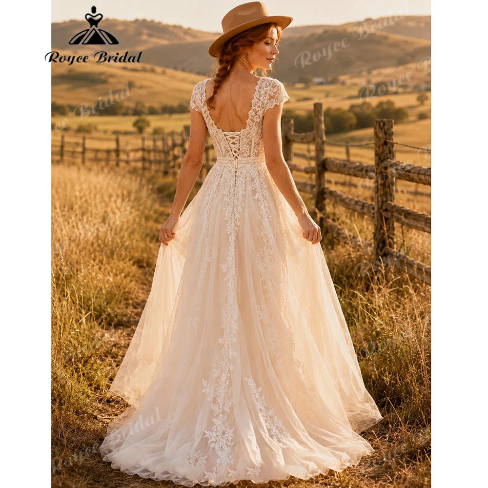 Deep V Cap Sleeve A Line Tulle Wedding Dress Floral Lace Appliques Front Slit Corset Lace Up Back Boho Bridal Gown Customized