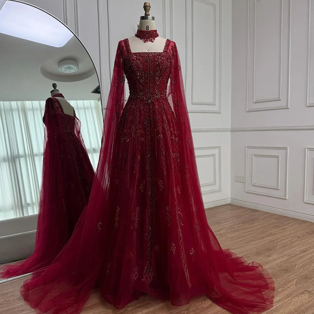 Serene Hill Customized 2025 Wine Red A Line Cape Sleeves Luxury Beaded Evening Dresses Formal Party Gowns for Women DLA72764