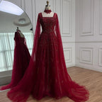 Serene Hill Customized 2025 Wine Red A Line Cape Sleeves Luxury Beaded Evening Dresses Formal Party Gowns for Women DLA72764
