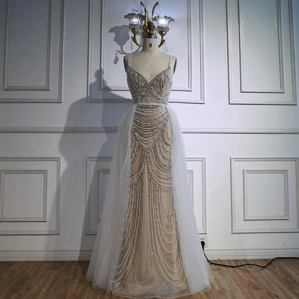 Zapdress White Nude V-neck Sleeveless Mermaid Beaded Evening Dress with Overskirt Wedding Party Gowns DLA72253A Customized (ZD17367)