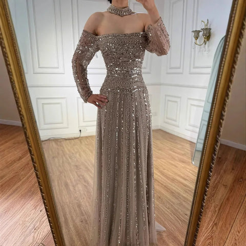Luxury Caramel Off Shoulder Beaded Mermaid Evening Dress Long Sleeves LA73053