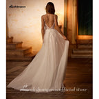 ZapDress V Neck Spaghetti Straps Beach Wedding Dresses For Women 2026 Beads Lace Shinny Boho Bridal Party Gown Customized