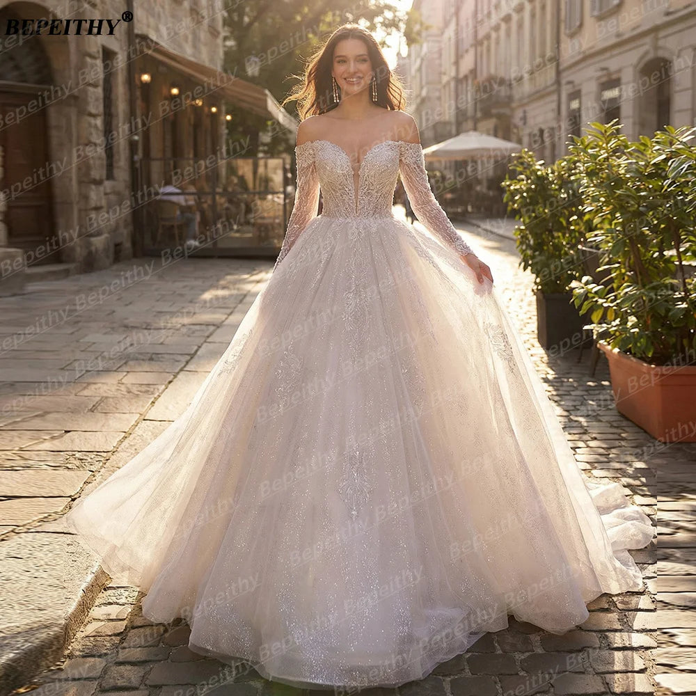BEPEITHY Customized Sweetheart Long Sleeves Bride Wedding Dresses 2026 Women Princess Glitter Court Train Plus Size Bridal Gown