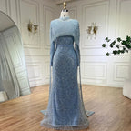 Serene Hill Customized Muslim Hijab Sage Green Long Sleeves Evening Dresses with Cape Dubai 2024 Party Gowns For Women LA72032M