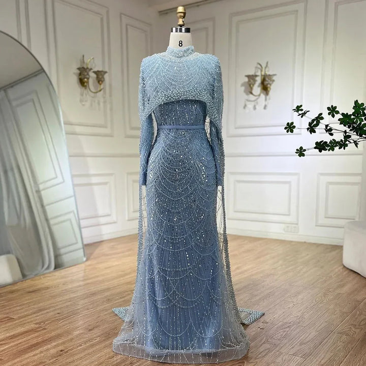 Serene Hill Customized Muslim Hijab Sage Green Long Sleeves Evening Dresses with Cape Dubai 2024 Party Gowns For Women LA72032M