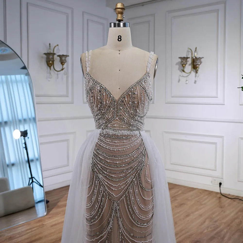 Zapdress White Nude V-neck Sleeveless Mermaid Beaded Evening Dress with Overskirt Wedding Party Gowns DLA72253A Customized (ZD17367)