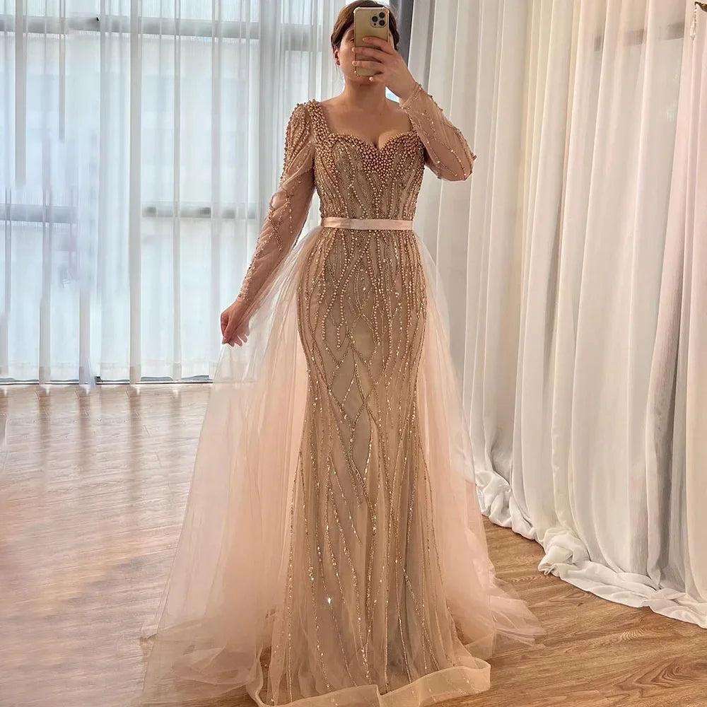 Zapdress Customized Blue Long Sleeves Mermaid Pearls Beaded Evening Dresses Elegant Party Gowns For Women Wedding (ZD17374)