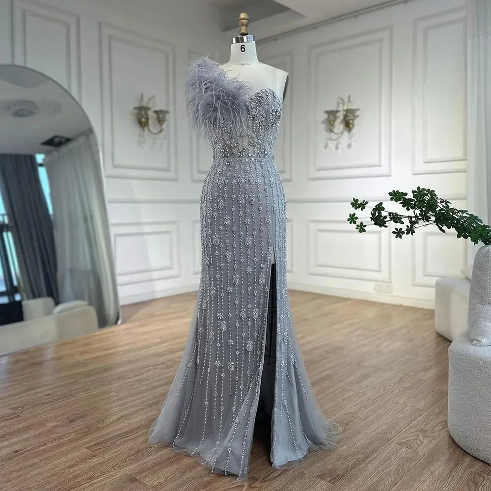 Zapdress Gray Mermaid One Shoulder High Split Beaded Feather Evening Dress Party Gowns for Women DLA72347 Customized (ZD17357)