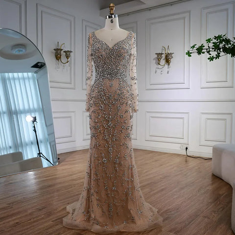 Luxury Caramel Off Shoulder Beaded Mermaid Evening Dress Long Sleeves LA73053