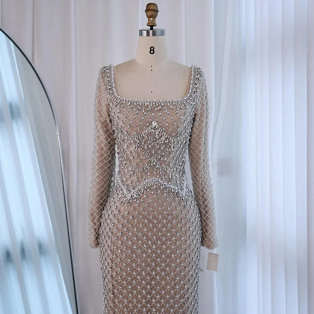 Elegant Beaded Pearl Mermaid Evening Dress with Long Sleeves for Wedding Occasion Zapdress 2025 Customized DLA72919A