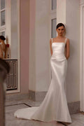 ZapDress Customized Elegant Satin Square Collar 2 In 1 Mermaid Wedding Dresses Beading Pearls Lace Sleeveless Bridal Gown
