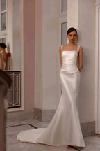 ZapDress Customized Elegant Satin Square Collar 2 In 1 Mermaid Wedding Dresses Beading Pearls Lace Sleeveless Bridal Gown