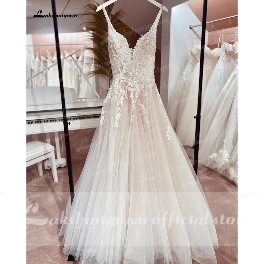 ZapDress Sexy Beach Wedding Dresses Illusion Appliques Boho Bride Dresses Open Back A-Line Tulle Bridal Gowns Robe De Mariee