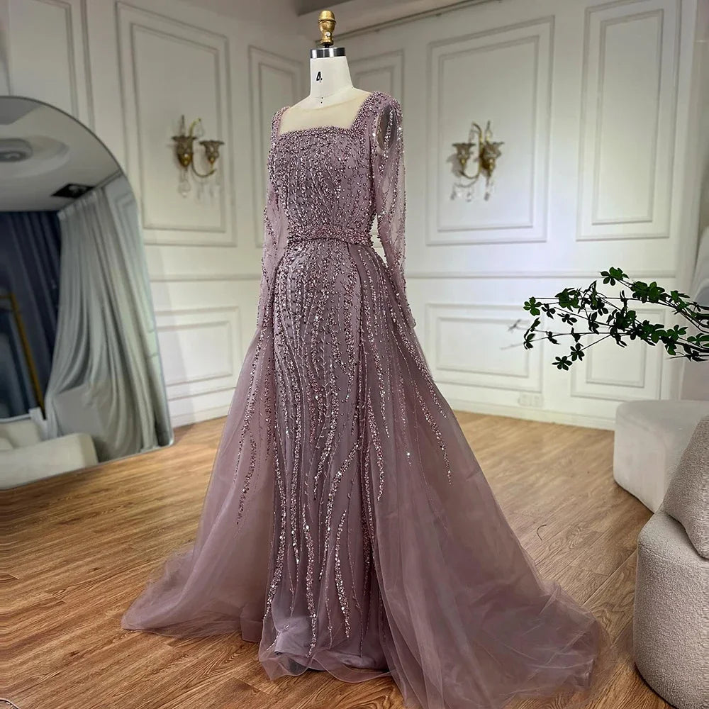 Serene Hill Customized Wine red Long Sleeves Mermaid Beaded Evening Dresses with Overskirt Party Gowns for Women DLA72710