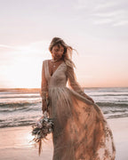 Customized Boho Lace Embroidered Long Sleeve Wedding Dress Deep V Neck and Flowy Lace Skirt for Beach Bridal Dress
