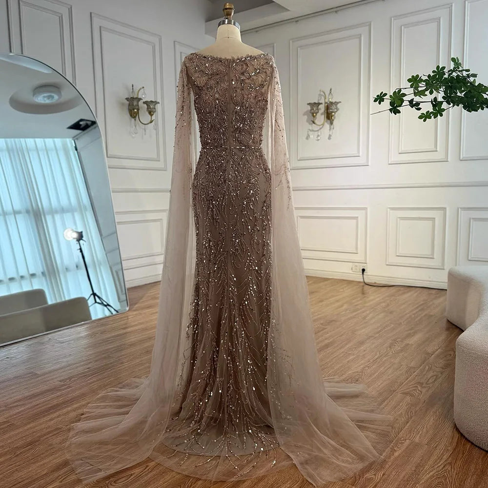 Zapdress Customized Caramel O-Neck Mermaid Evening Dress with Cape Sleeve 2026 Wedding Party Gowns for Women (ZD17364)