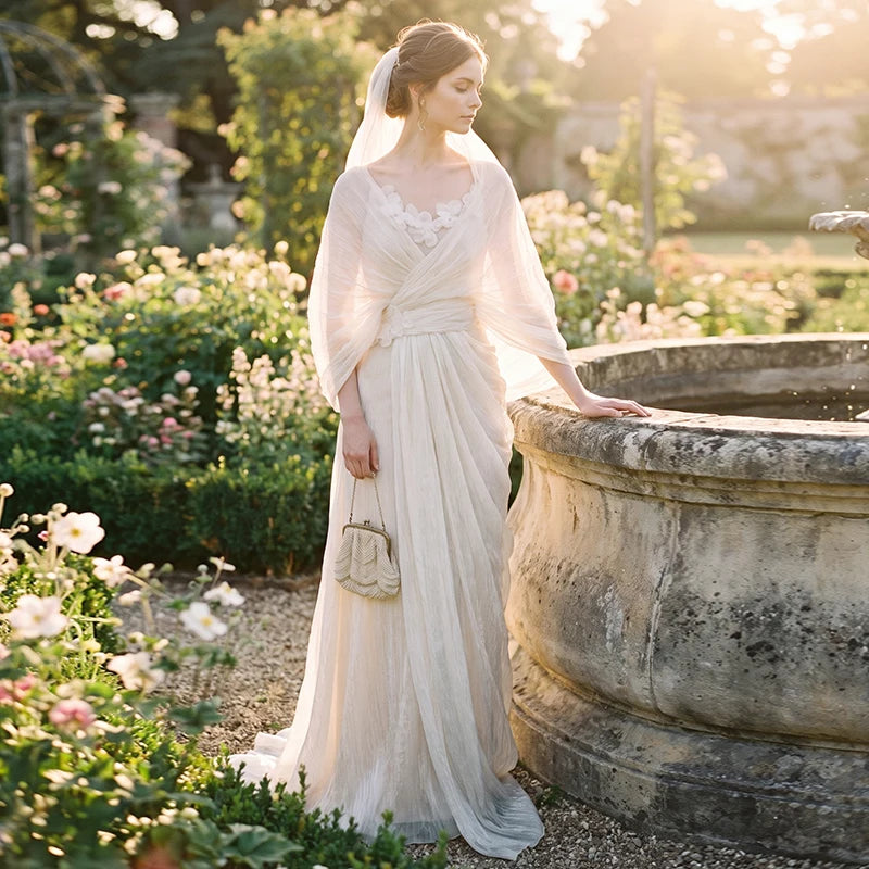 Grecian Boho Wedding Dress V‑Neck Batwing Sleeve Draped Ruched A‑Line Bridal Gown Sweep Train For Outdoor Garden Wedding