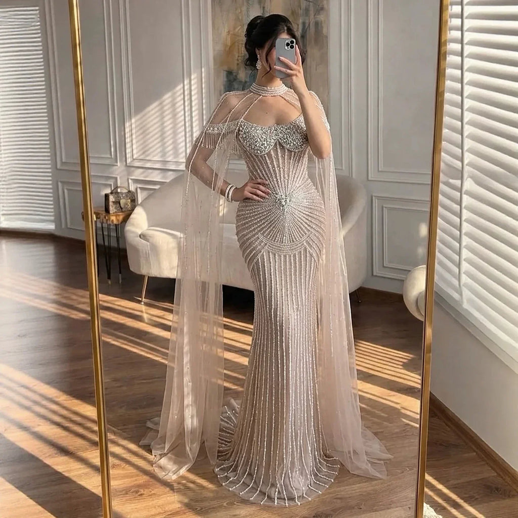 Serene Hill 2026 Pearl Beaded Mermaid Caramel Evening Dresses Elegant Formal Party Gown with Sheer Cape Customized DLA73148C