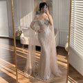 Serene Hill 2026 Pearl Beaded Mermaid Caramel Evening Dresses Elegant Formal Party Gown with Sheer Cape Customized DLA73148C