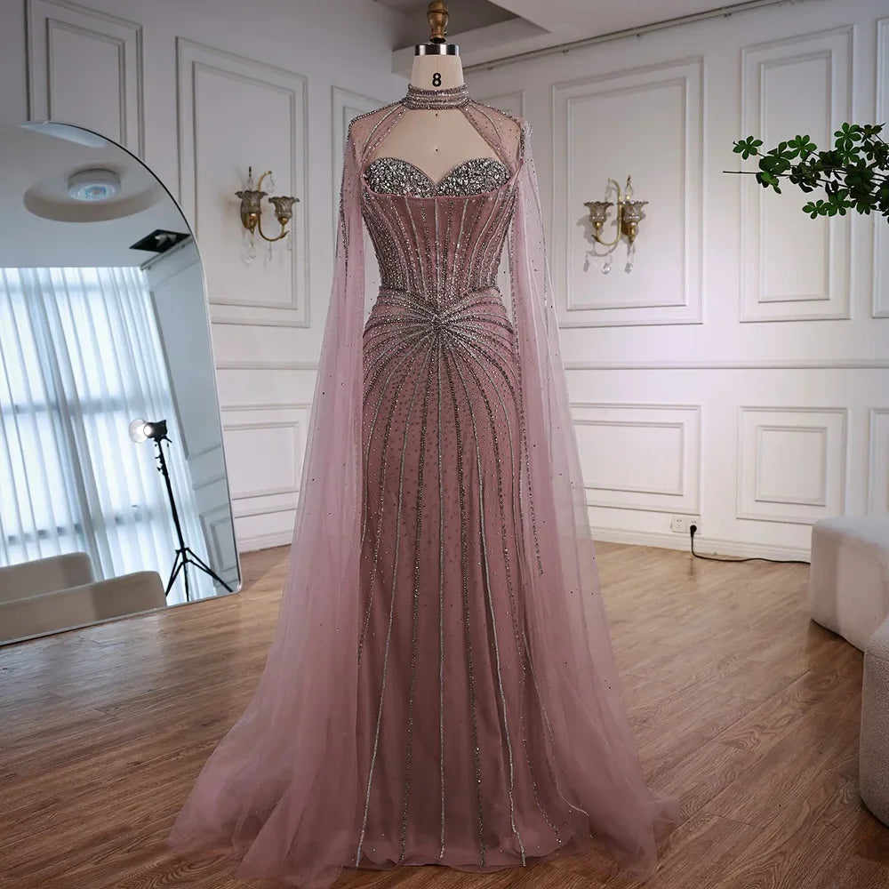 Luxury Nude Elegant Evening Gown Beaded Dress with Cape Sleeves for Formal Party Wear Zapdress DLA72811A Customized