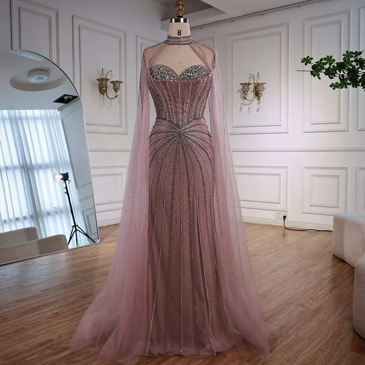 Luxury Nude Elegant Evening Gown Beaded Dress with Cape Sleeves for Formal Party Wear Zapdress DLA72811A Customized