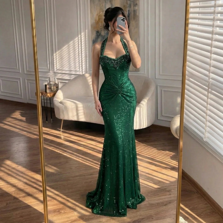 Serene Hill Rose Gold Mermaid Beaded Evening Dress Elegant Sparkly Wedding Party Gown with Ruched Waist DLA73410B Customized