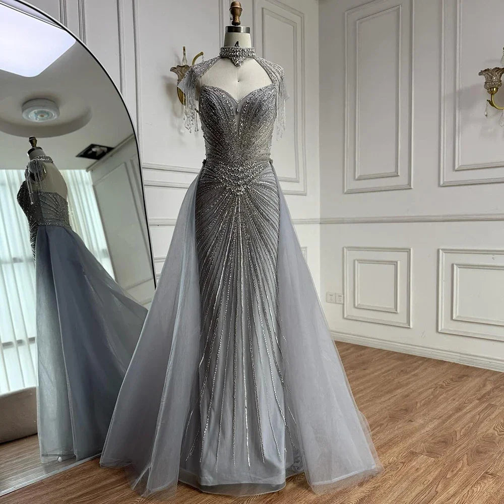 Serene Hill Nude Mermaid Tassel Beaded Evening Dress with Detachable Overskirt Formal Party Gown for Women DLA73182 Customized
