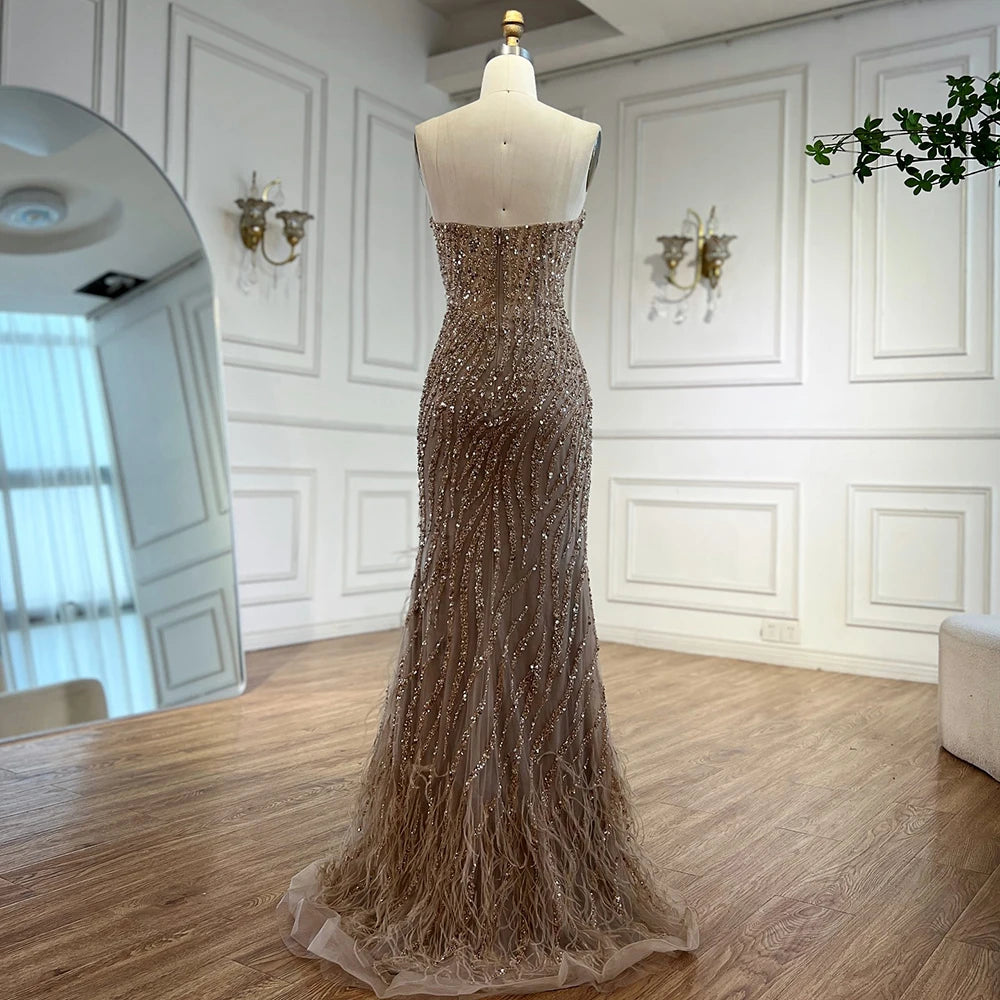 Zapdress Customized 2025 Strapless Blue Luxury Beaded Feathers Slit Open Evening Party Gowns for Women (ZD17371)
