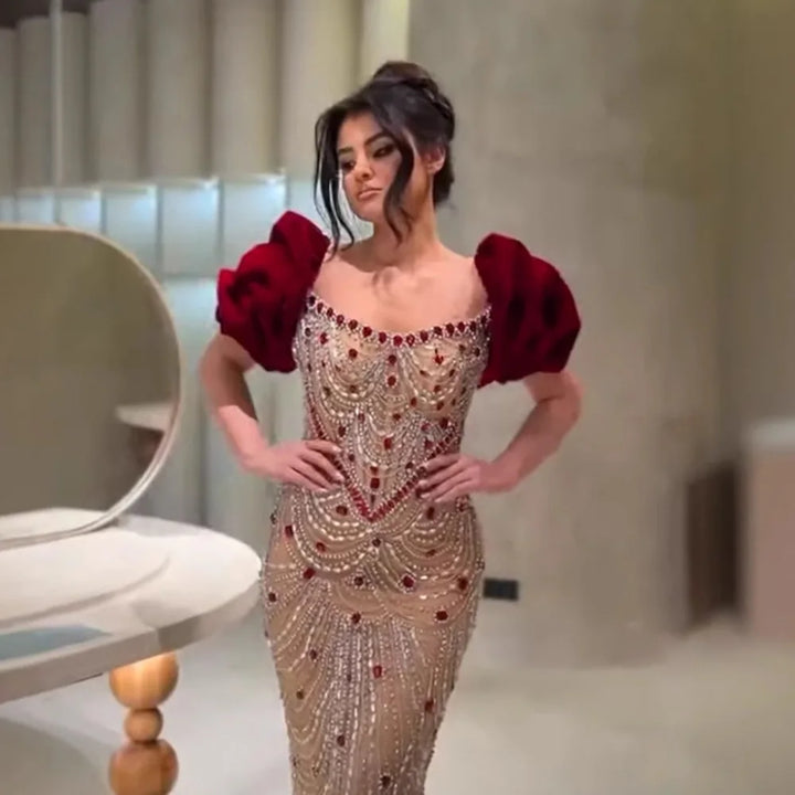 Luxury Beaded Evening Dresses with Elegant Puff Sleeves Pearl Beaded Adorned Design Zapdress DLA72903 Customized
