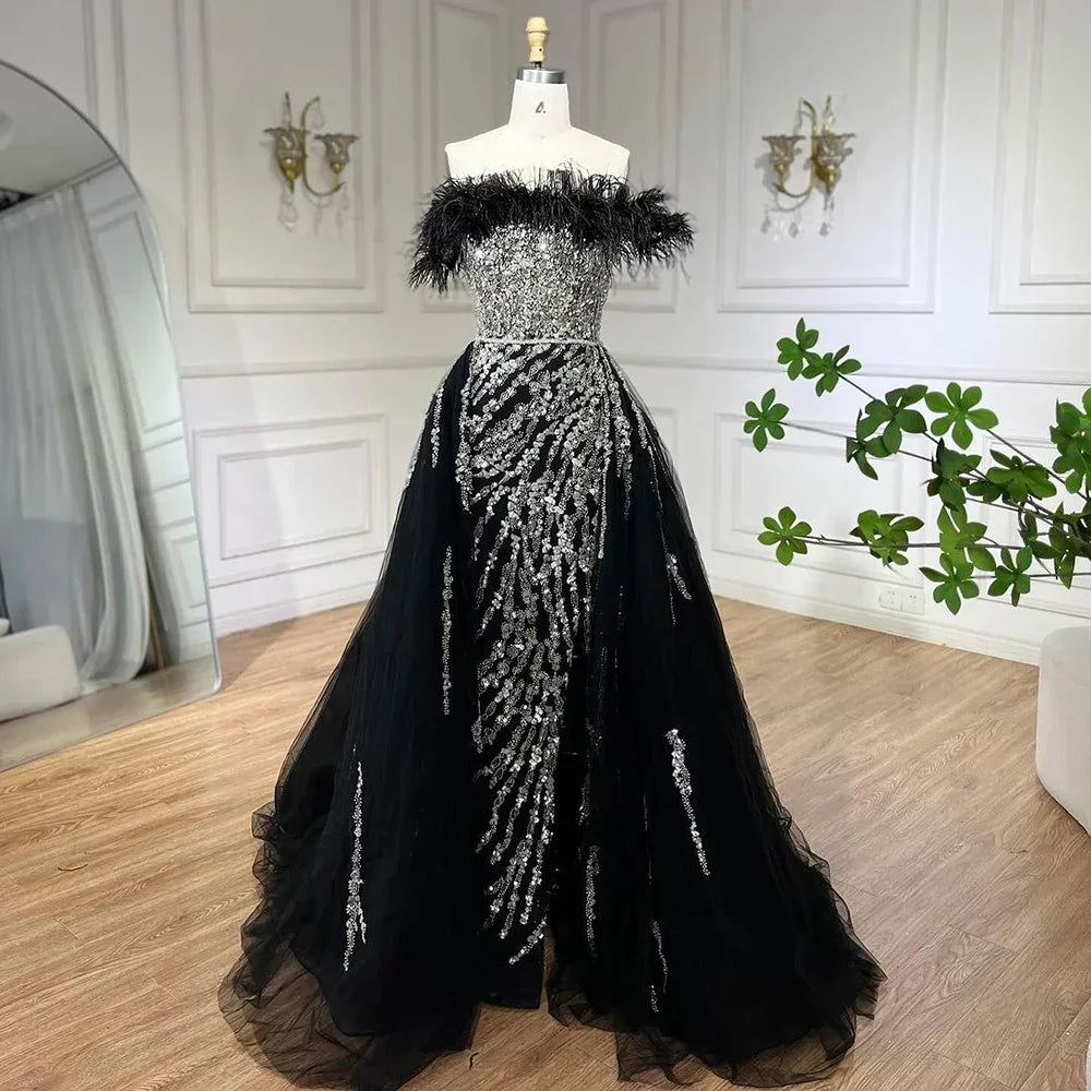 Serene Hill Yellow Feathers Beaded Mermaid Evening Dresses with Overskirt Side Slit Party Gowns for Women DLA72061 Customized