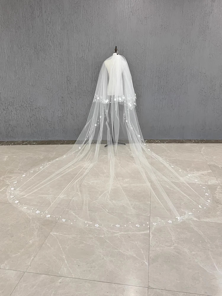 2T Wedding Veil 3D Flowers Long Bridal Veils Pearls Bride Veil Customized